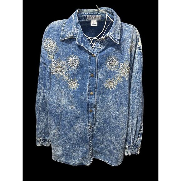 VINTAGE 80S Club Kraze Top DEINM STYLE Acid Wash Bejeweled Button Up Denim Shirt - Picture 1 of 10
